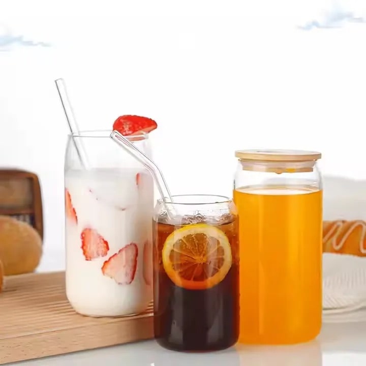 유리 캔컵 500ml (대나무 뚜껑 · 유리 빨대) 상품 사진