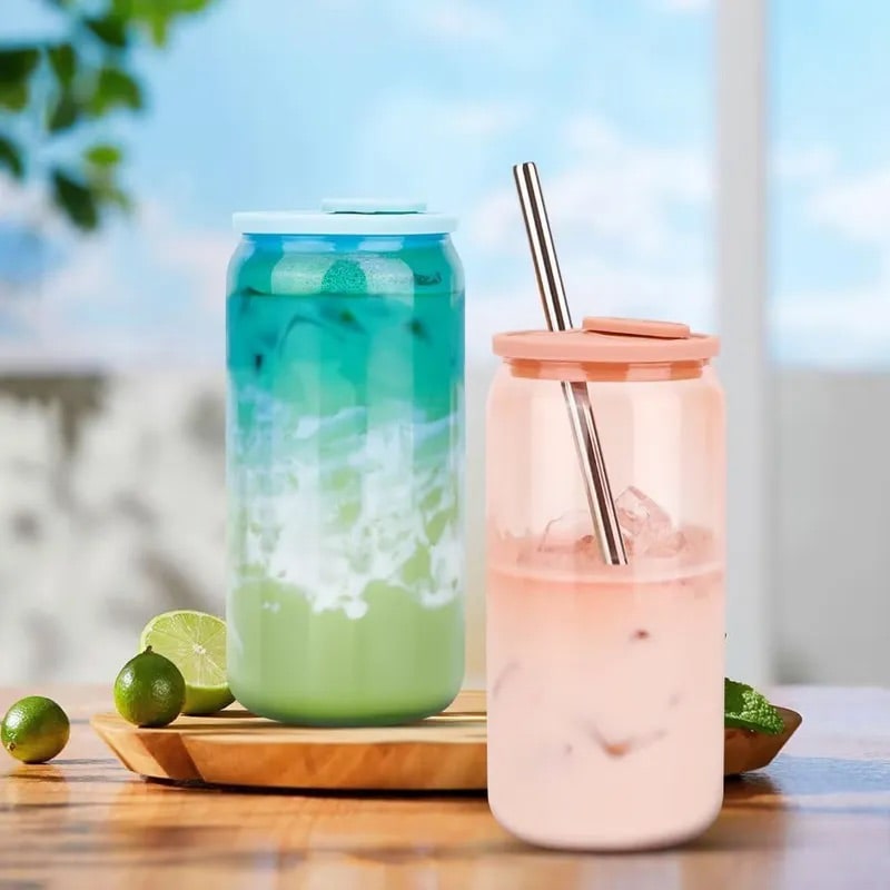 유리 캔컵 480ml (실리콘 뚜껑 · 빨대) 상품 사진